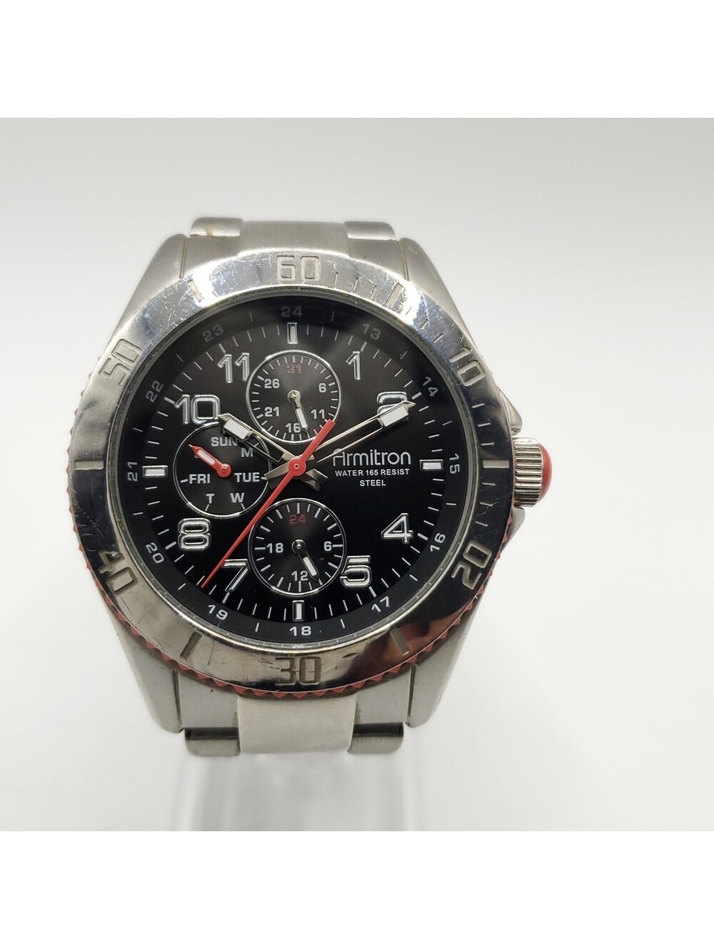 Armitron Mens Multifunction Watch 42mm Silver Tone Black Dial New Battery 6.5"